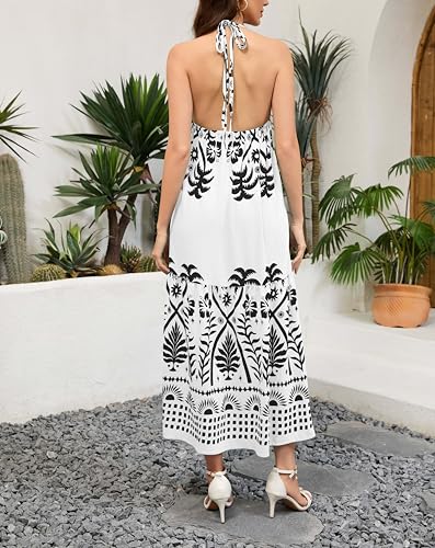 Image of Women's Floral Dress Summer Backless Maxi Dresses Boho Deep V Halter Neck A line Dresses