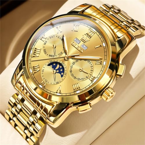 Image of OLEVS Mens Automatic Watch Mechanical Self Winding Luxury Business Dress Moon Phase Stainless Steel Calendar Wrist Watches for Men Waterproof Luminous