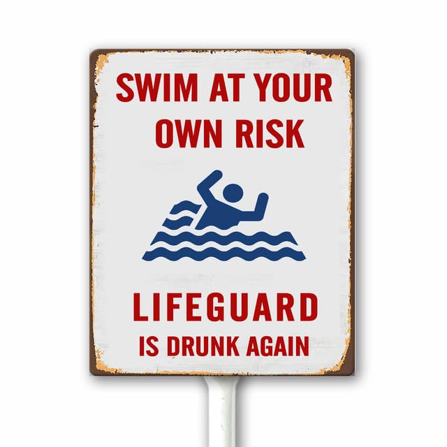 Funny Pool Sign Swim At Your Own Risk Pool Sign Vintage Funny Safety Plaque Signs for Swimming Pool Beach Water Park Aluminum Metal Swimming Pool Sign With Stake Pool Decor 20X30 CM