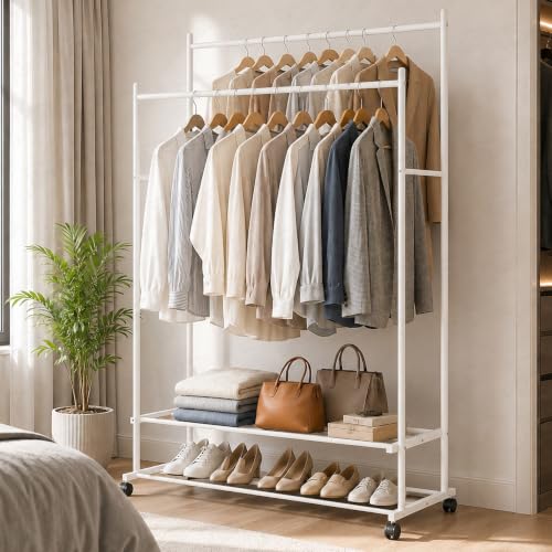 Image of Lukzer Double Rod Metal Garment Stand with Wheels & 2-Tier Storage Organiser Shelves, Portable Clothes Rack and Coat Hanger With Shoe Rack for Bedroom, Entryway & Boutique (White /109 x 48 x 158 cm)