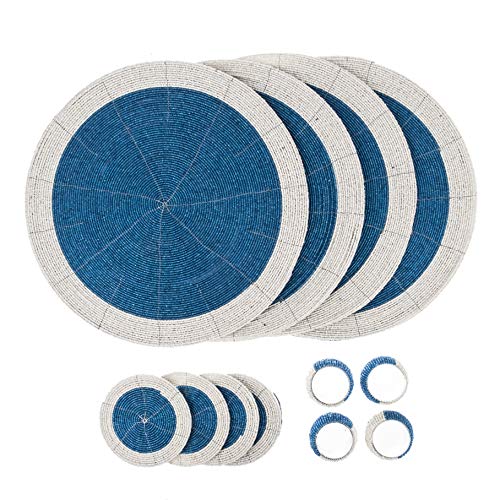 Penguin Home Handcrafted Glass Beaded Round Placemats, Coasters & Napkin Rings Set of 12