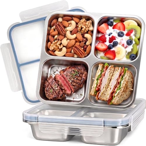 YCVSKY 2 Stück Snackbox mit Fächern Edelstahl 720ML Snackdose mit 4 Fächern Wiederverwendbare Leckdichte Metall Bento Box mit Deckel für Zuhause Reisen Picknick Büro