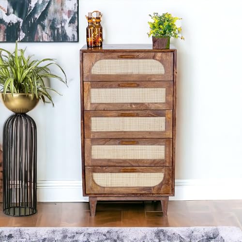 Image of Solid Wood Atlanta Chest of Drawer | Dresser with 5 Drawers | Wooden Chest of Darwers | Chest of Drawers with Cane /Rattan | Finish- Tubaq