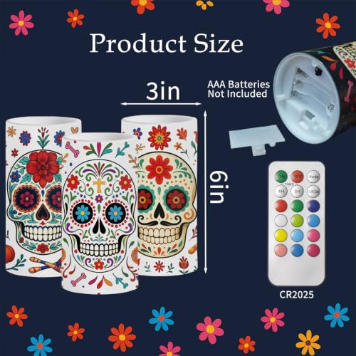 Image of Dia De Los Muertos Flameless Candles with Timer Remote 3 Pack | Halloween Flameless LED Candle Battery Operated Sugar Skull Day of The Dead Decoration