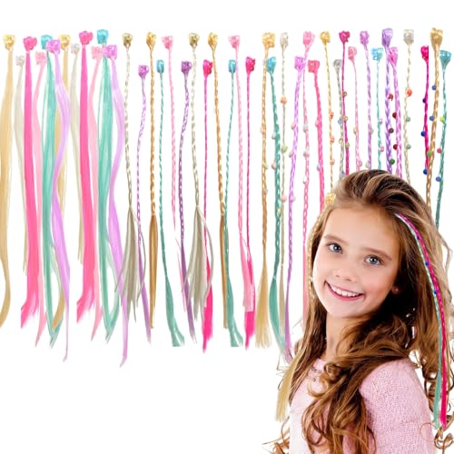 LUFFLOK 42 Stück Bunte Haarsträhnen Kinder mit Haarclips Haarverlängerung und Haarflecht Haarsträhnen zum Einklipsen aus Kunsthaar zum Einflechten Party Zubehör für Mädchen und Kinder (Series B)