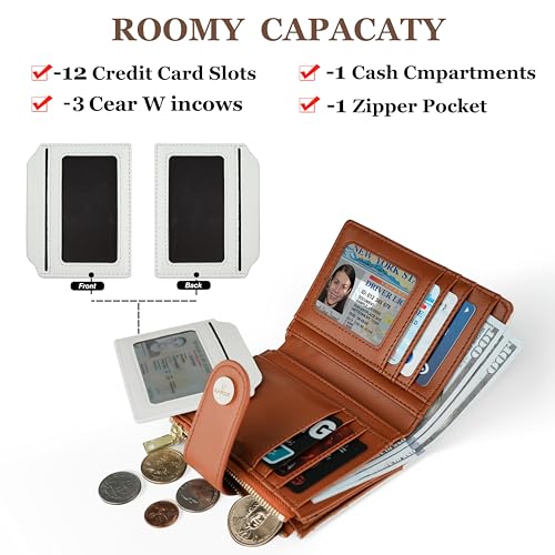 Small Womens Wallet,Leather RFID Blocking Bifold Ladies Wallet,Compact Card Holder Wallet with Zipper Pocket for Handbag,Travel & Crossbody Bag(Quilted, Beige＆Brown)4