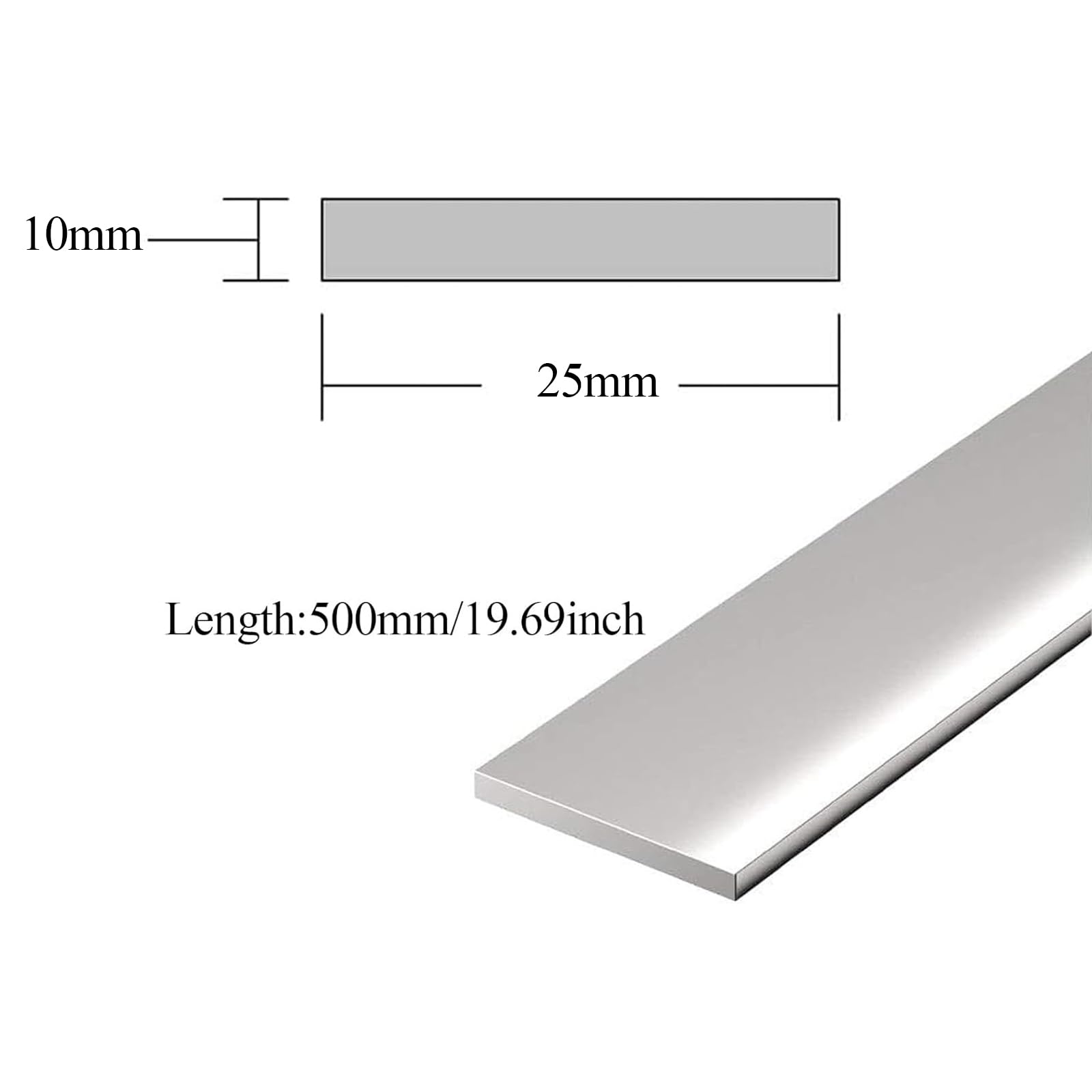PHasz 304 Stainless Steel Flat Bar Solid Flat Bar 10×10×500Mm-10×25×500Mm Suitable for Construction and Decoration,10×25×500mm