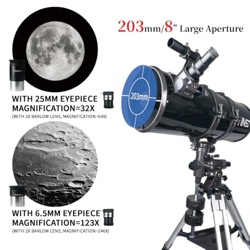 Image of HINISO 203EQ Telescope | 203mm Aperture | 800mm Focal Length | 32x-246x Magnification | EQ4 Equatorial Mount | P.L. Series Eyepiece | Bluetooth Remote & Tripod