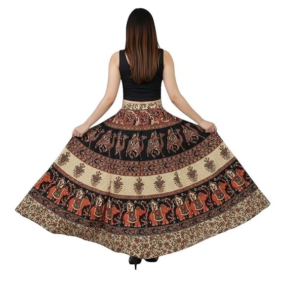 Image of HARSHITA-Enterprises Jaipuri Women's Cotton Printed Elastic Long Skirts