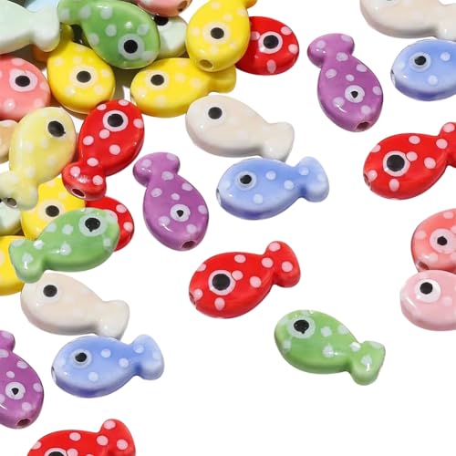 Lot de 30 perles colorées en céramique sur le thème des poissons en porcelaine en forme d'animaux marins mignonnes breloques lisses pour loisirs créatifs...