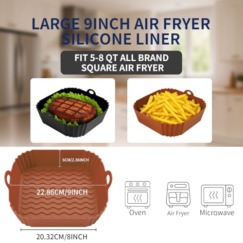 9 Inch Large Air Fryer Silicone Liners - 2 PCS Square Reusable AirFryer Basket Liners for 5-8QT Air fryer, Air fryer Accessories for Baking Roasting Microwave (Black + Brown)