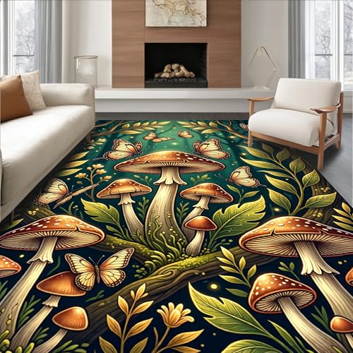 Design&I Low Pile Flatwoven Area Rug 5x7, Enchanted Woodland Mushrooms