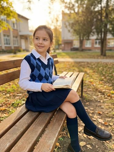 Image of SELINK Boys Girls V Neck Argyle Knit School Uniform Sweater Vest | Soft Cotton Polyester Blend Knitted Vest,Stockinette Stitch,Hand Wash Only For School Uniform Daily Wear