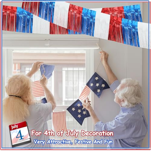 Image of 4 Pack 39 Feet Foil Fringe Garland Metallic Tinsel Streamers Banner Wall Hanging Fringe Backdrop Banner for Parade Floats Wedding Birthday Party Decoration (Royal Blue Red White)