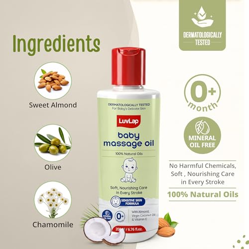 Image of LuvLap Baby Massage Oil with Almond, Virgin Coconut Oil & Vitamin E, Deep Nourishing, Skin Repair & Relaxation, Ayurvedic Non-Sticky Oil for Soft New Born Skin, 100% Natural, Derma Safe, 200ml