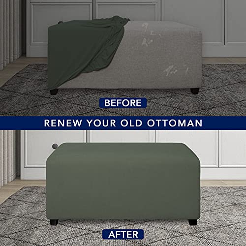 Image of PureFit Stretch Rectangle Ottoman Cover Footstool Cover, Grayish Green | Fleece Soft Form Fit Ottoman Slipcovers Rectangle Slipcover for Folding Storage with Nonslip Elastic Bottom