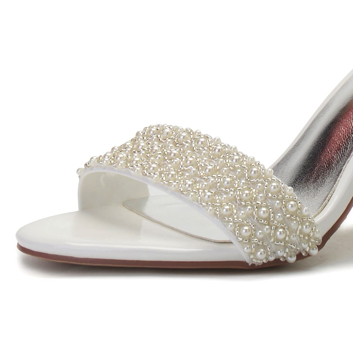 Sandali Sposa con Tacco Largo da Donna Perle Cinturino alla Caviglia Punta Aperta Scarpe da Matrimonio 858-8
