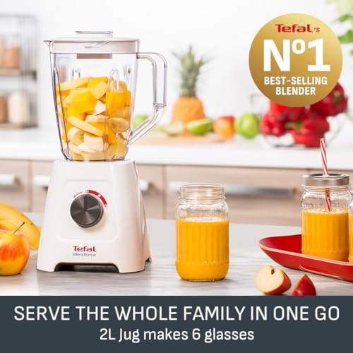 Tefal Blendforce II Blender, 2L Plastic Jug, 1.25L Effective Capacity, 600W, 4 Removable Stainless Steel Blades, Smoothie, Ice Crush, 2 Speeds + Pulse, Kitchen Shakes Maker, White, BL420140