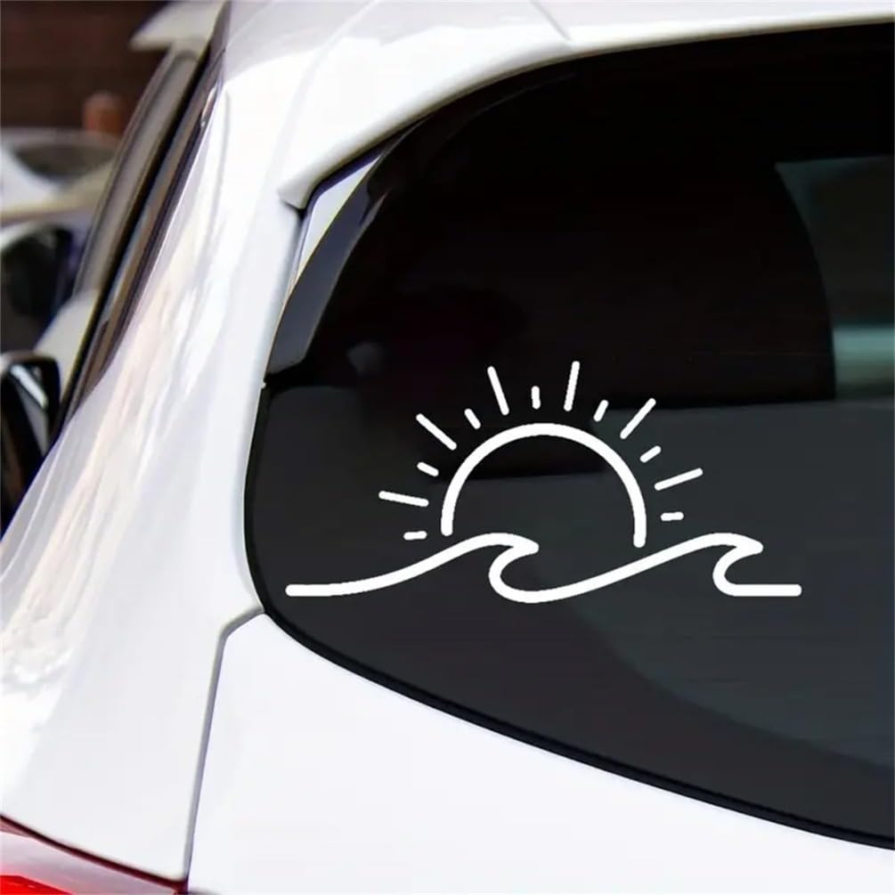 2 pegatinas de vinilo de 15 x 7 cm, con diseño de sol y ondas, para parachoques, ventanas, camiones, portátiles, accesorios para vehículos temáticos de playa, AZ277 (blanco)