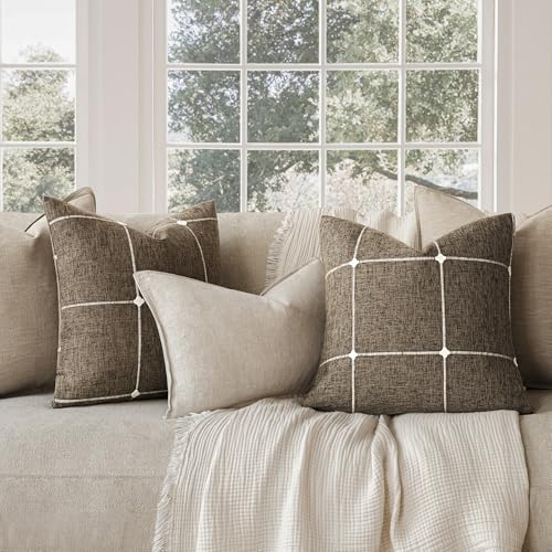 Image of Foindtower Pack of 2 Decorative Faux Linen Jacquard Check Throw Pillow Covers Farmhouse Cushion Cover with Grid Textured Accent Pillowcase for Couch Sofa Living Room Home Decor,16x16 Inch,Cocoa Brown