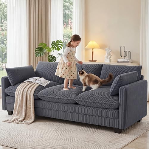 Image of Gizoon 3 Seater Couches for Living Room, Cloud Sleeper Sofa with Double Cushion Corduroy Deep Seat Sofa Couches with 2 Pillows for Living Room Bedroom and Apartment,Pet-Friendly Fabric, Grey
