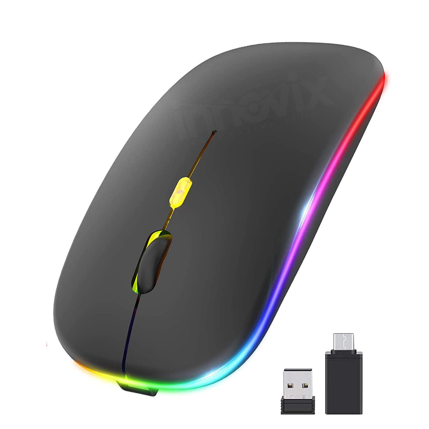 InnovixLED Wireless Mouse, Rechargeable Slim Silent Mouse 2.4G Portable Mobile Optical Office Mouse with USB & Type-c Receiver, 3 Adjustable DPI for Notebook, PC, Laptop, Computer, Desktop (Black)