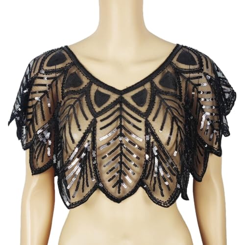 Vintage 1920s Shawl Wraps Sequin Beaded Evening Cape Bridal Shawl Bolero Flapper Cover Up, Black3