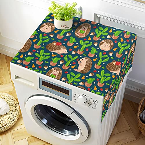 Cute Hedgehogs Cactus Blue Washer Dryer Cover, Washing Machine Refrigerator Dustproof Protective Covers with Lace Storage Pockets for Top Load Machine, 51.2 x 22 inches