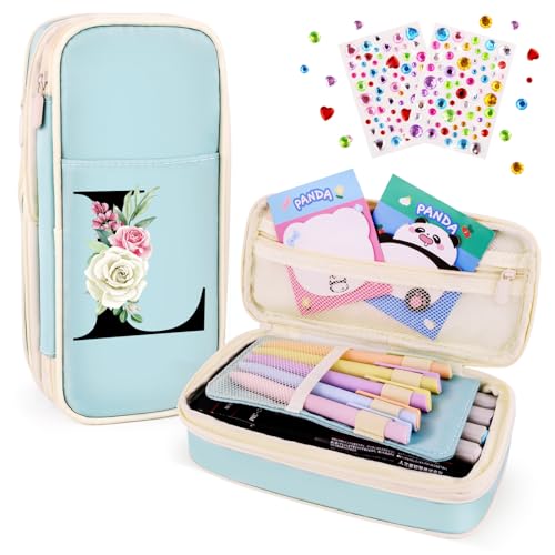 Image of Preppy Pencil Case for Girls, Cute Large Pencil Pouch, Personalized Initial Pencil Bag with Zipper for School College Office Supplies, Back to School Supplies Gifts for Teen Girls (L, Blue)