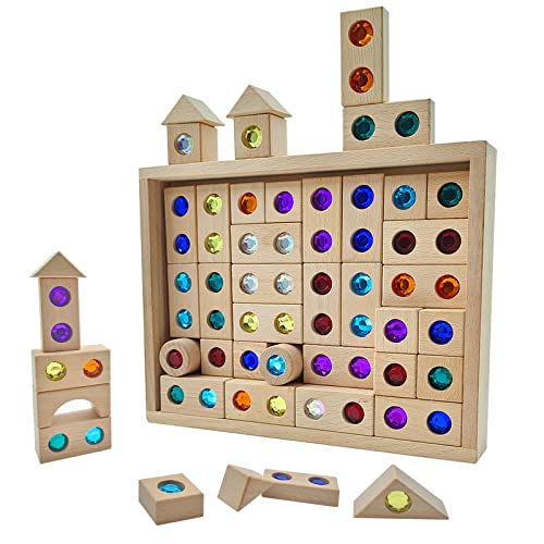 Wooden Building Blocks with 50 Pcs Rainbow Stacker Sensory Blocks Stacking Game Construction Building Toys Set Preschool Construction Color Block Learning Educational Toys for 3-5 Toddlers Boys Girls