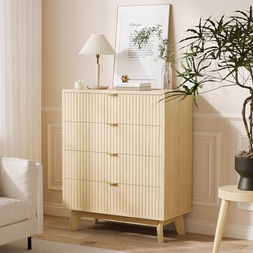 Garvee 4 Drawer Dresser, 32 in Tall Mid Century Modern Dresser Drawers, Waveform Fluted Side Table, Wood Drawer Organizer for Bedroom Living Room, Hal
