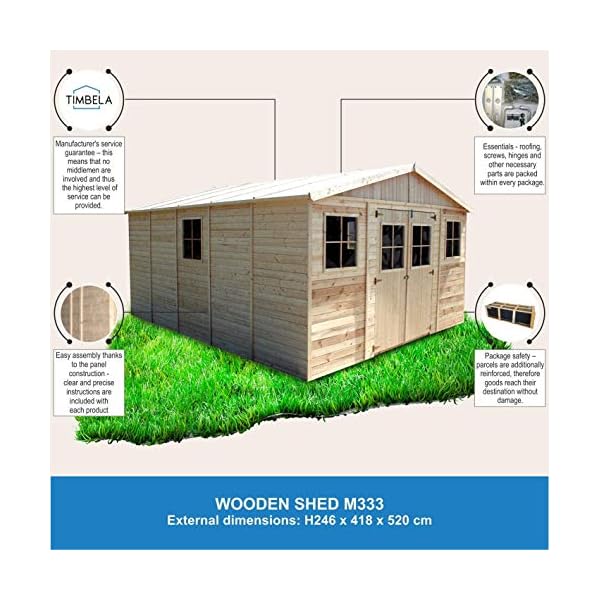 TIMBELA Holz Gartenschuppen MIT IMPRÄGNIERTEM Boden - Abstellkammer mit Fenstern - H246 x 418 x 522 cm/ 20 m² Naturholz… – Bild 3