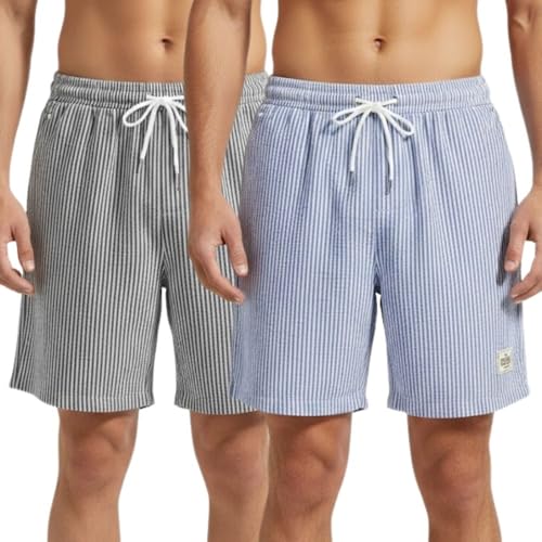 Image of SMOWKLY Men's Cotton Striped Boxer Short|Elastic Waist Drawstring Home Wear