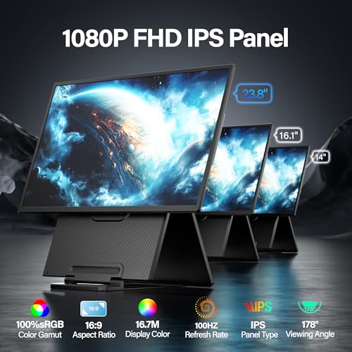 Image of Setclod 23.8 inch Large Portable Monitor, 1080P FHD 100Hz Laptop Screen Extender, IPS 125% sRGB, Extra USB Hub for Office Gaming with Detachable Stand, Travel Monitor for Window, MAC, Xbox, Switch