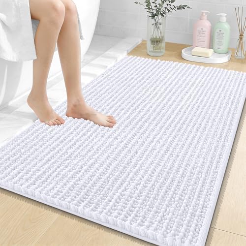 Image of OLANLY Bathroom Rug Mat 40x32, Thick Soft and Absorbent Chenille Bath Mat, Non-Slip Rubber Backing, Machine Washable Quick Dry Bath Rugs for Tub Shower Floor, Home Decor Accessories, White