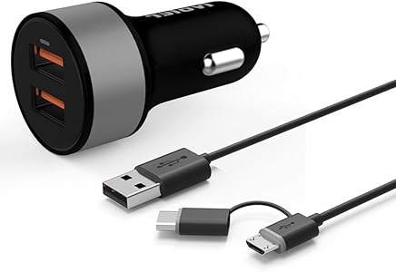 iVoler Dual Quick Charge 3.0 36W 2 Puertos USB Cargador de Coche [2*QC 3.0 Puerto] con 2 en 1 Cable Cargador Micro USB y Tipo C para Samsung y Otros M?viles, Tableta, etc -(Negro/Gris Espacial)