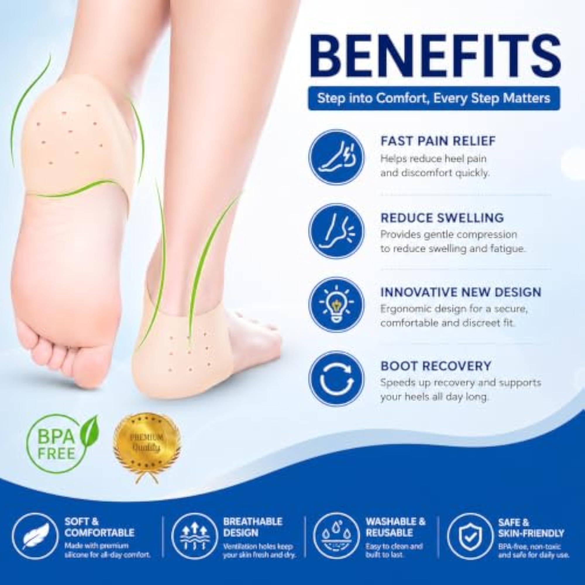 Silicone Gel Heel Pad Socks, Beige, Free Size
