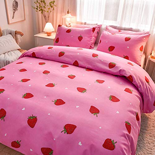 Lightweight Hotel Luxury Duvet Cover 3 Piece Set-Kids Kawaii Cute Fruit Strawberry Ultra Soft Premium Microfiber Breathable Comforter Cover With Zipper Closure, Corner Ties Full/Queen (90X90 Inches) … #TOP3