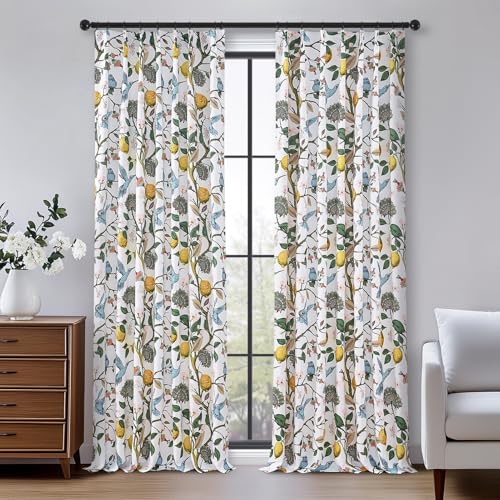 Image of Blue White Vintage Floral Curtains 84 Inches Long for Living Room Bedroom Luxury Whimsical Lemon Hummingbird Patterned Waverly Mid Century Colorful Pinch Pleated Blackout Drapes 2 Panels