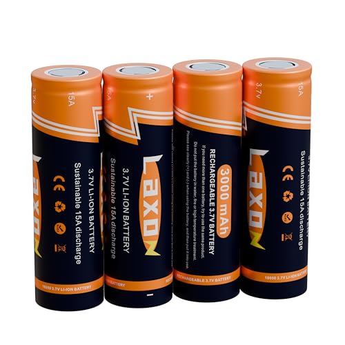 Laxon 18650 3.7V Rechargeable Battery 3000mah 4 Packs, Sustainable 15A Discharge, Flat Top High Capacity Battery for Flashlights, Headlights