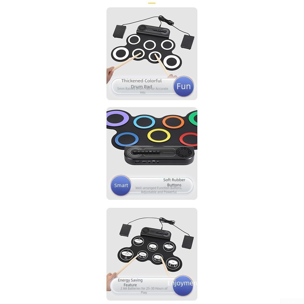 Batteria elettrica portatile in silicone con pedali, batteria arrotolabile in silicone, portatile, con altoparlante, batteria elettronica per bambini con luci e modalità microfono, kit di batteria