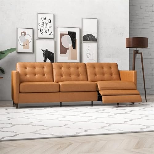 Ashcroft Lewis Mid-Century Tufted Back Genuine Leather Right-Facing Recliner Sofa Tan #TOP2