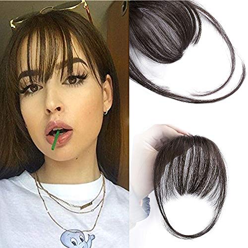 AISI QUEENS Clip in Bangs Human Hair Extensions One Piece in Fringe Natural Flat Air Bangs with Temple for Women(Color:Natural Black)