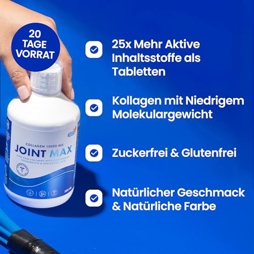 Joint MAX 500ml I Reines hydrolysiertes Kollagen (Typ I, II & III) I Glucosamin, MSM, Chondroitin, Hyaluronsäure I Kurkuma, Vitamin C, I 100% natürlicher Geschmack I Zuckerfrei - 20 Tage Vorrat