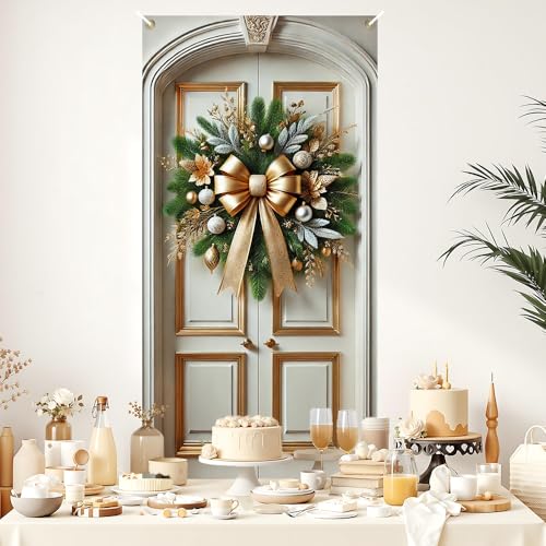 Image of Gold Bow Pine Branch Silver Ball Christmas Door Cover 35x71in