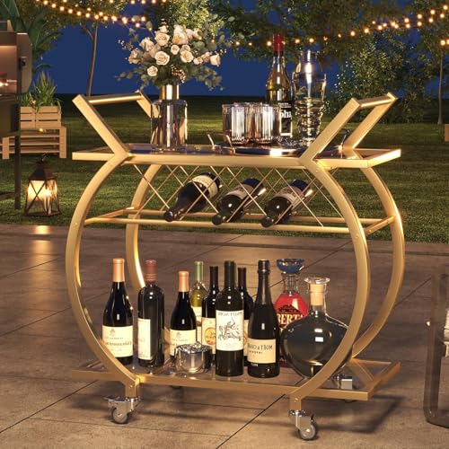 Image of LVB Gold Bar Cart with Glass, Bar Cart with Wheels, Wine Cart with Storage | 2 Tier Glass Shelves Home Bar Serving Cart with Wine Rack, Liquor Cart for Kitchen, Bar, Dinning Room