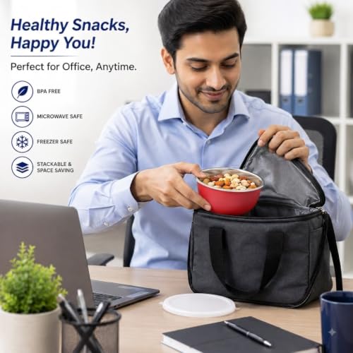 Image of Zaib Stainless Steel Microwave Safe Serving Bowl 500 ml, 14 cm with Snap Fit Lid, Snack, Soup & Dessert, Red, 14 cm - 4 Pcs - with Lid