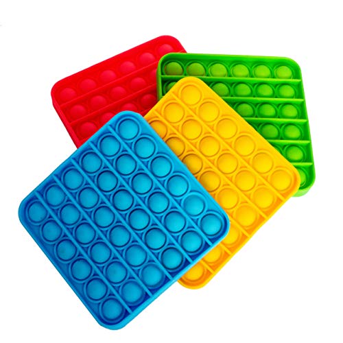 Image of 4pk Square Color Push It Pop It Bubble Fidget Toy | Perfect Sensory Toy for Stress Relief, Anxiety, Autism or as a Coaster | Includes 4 fidgets - Blue, Red, Yellow, Green | 5 inch Square.