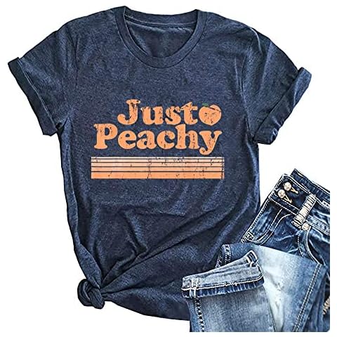 Ykomow Just Peachy T Shirt Womens Short Sleeve Casual Summer Graphic Tees Tops (S, Navy) Cover