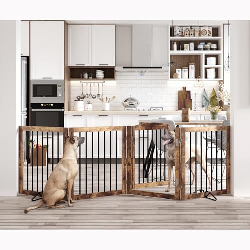 Folding-Pet-Gate-96-Wide-30-Tall-No-Assembly-Wooden-Dog-Gate-with-Door-Walk-Through-Freestanding-Pet-Gate-Puppy-Safety-Fence-with-2PCS-Support-Rustic-Brown